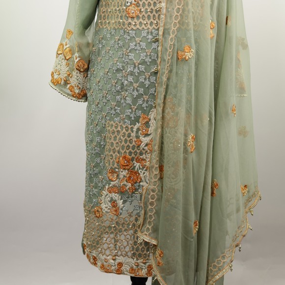 Elegant Embroidered Green Dress - Picture 3 of 11